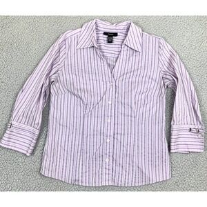 Alfani Button-Up Shirt Top Womens 8 Purple White Striped Stretch 3/4 Sleeve